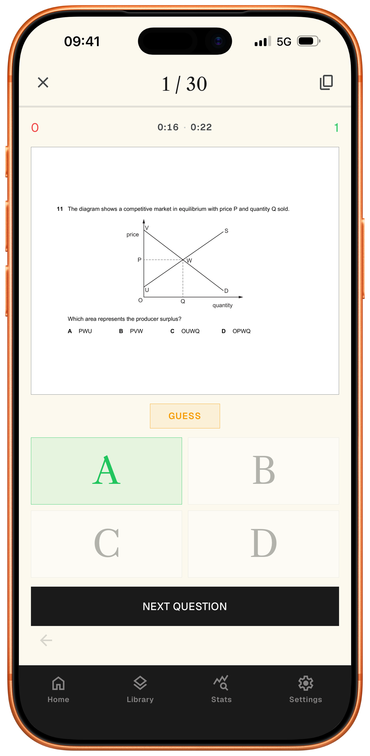 Screenshot: question screen with correct answer highlighted green