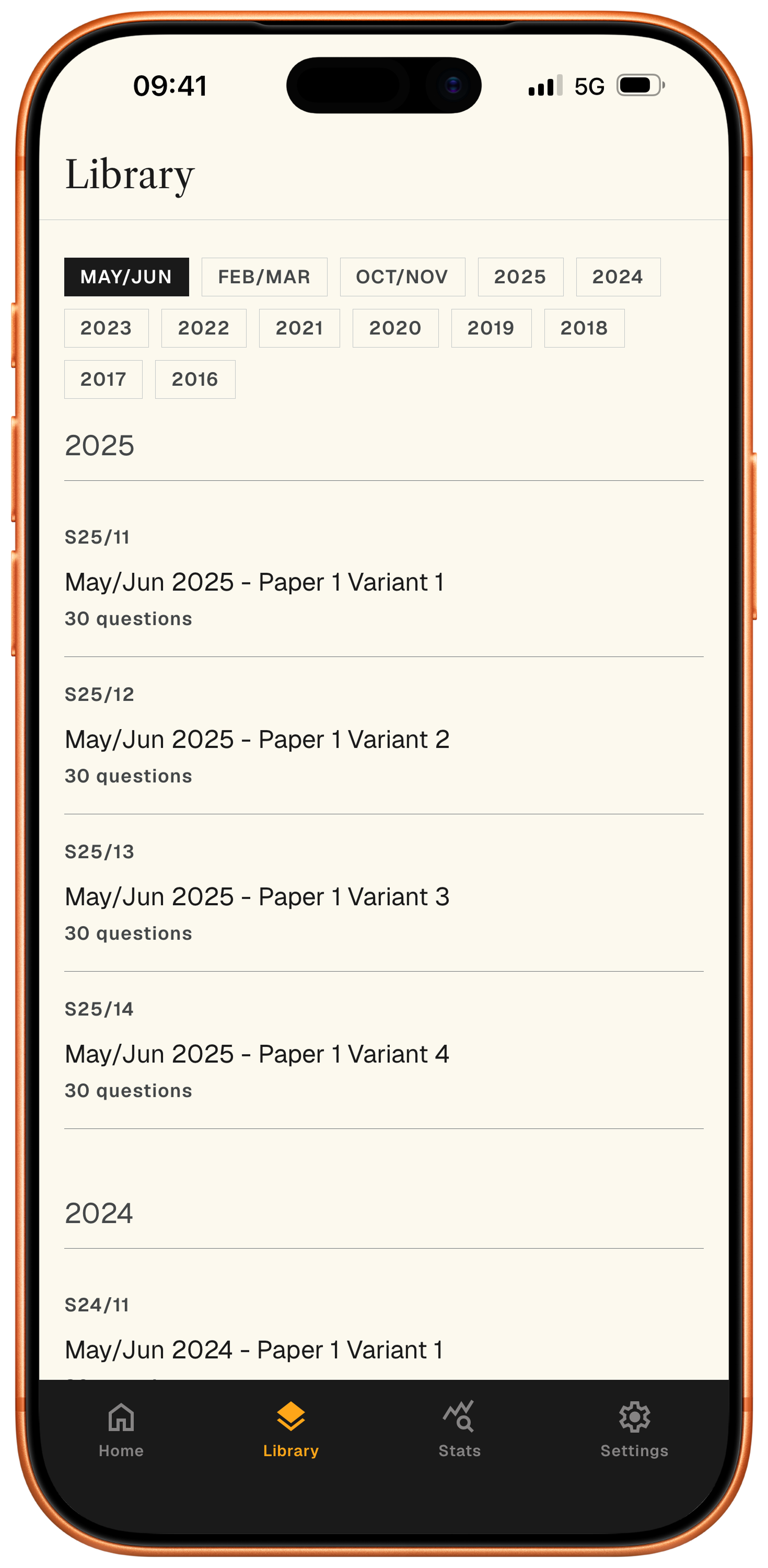 Screenshot: library screen showing list of papers organised by year