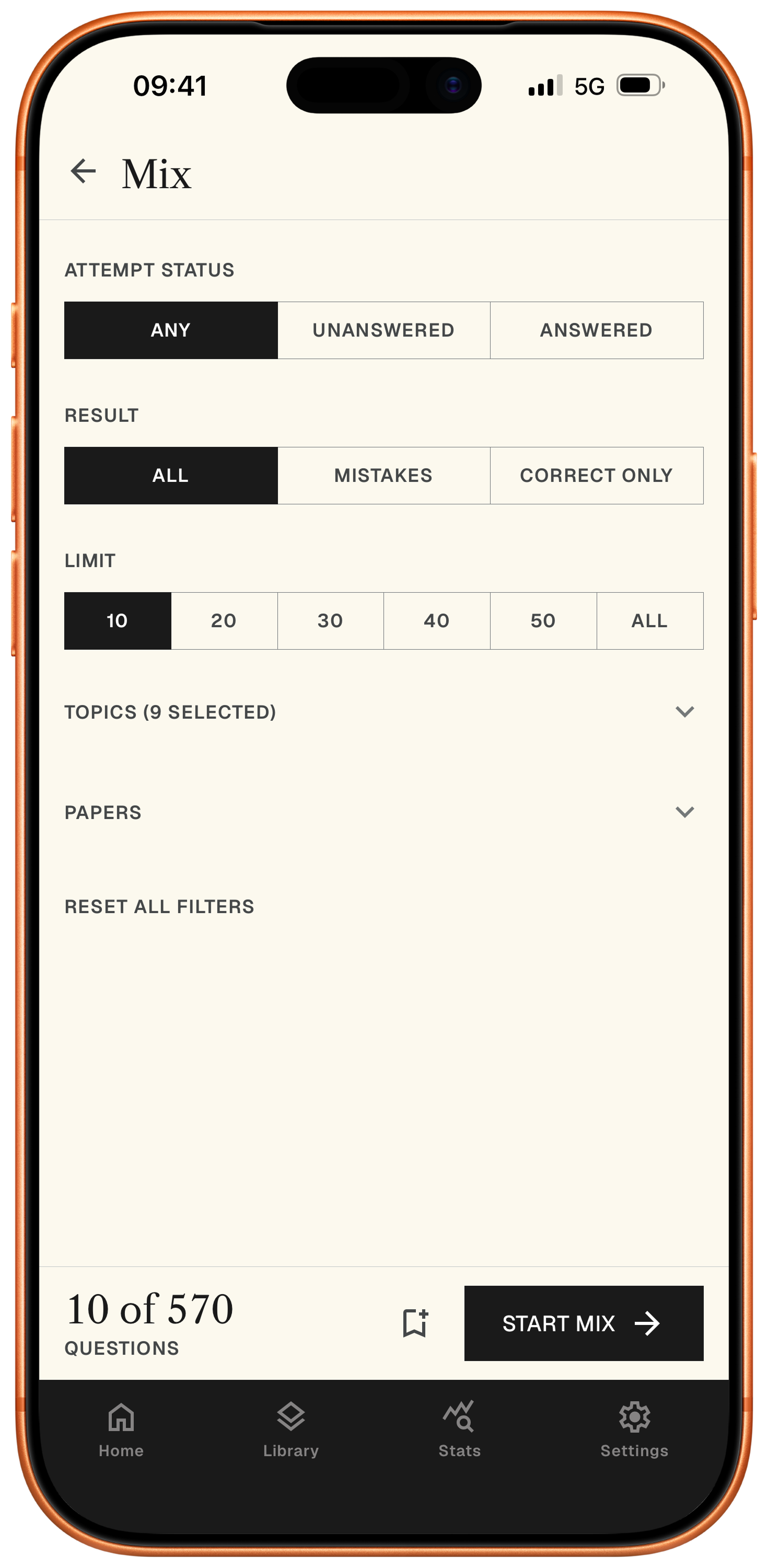 Screenshot: Mix screen with filters (paper status, attempt status, topics)