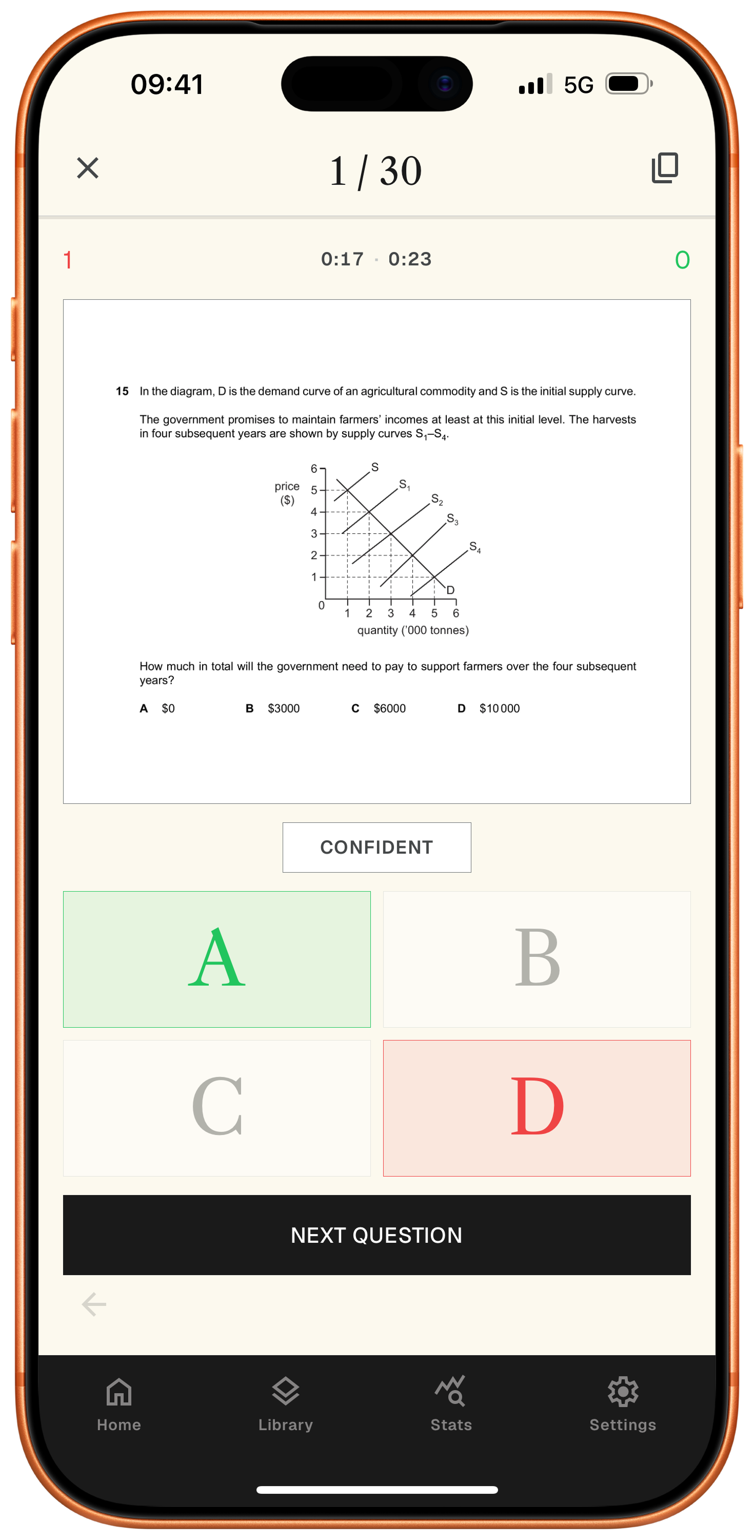 Screenshot: wrong answer selected (red), correct answer shown (green) below