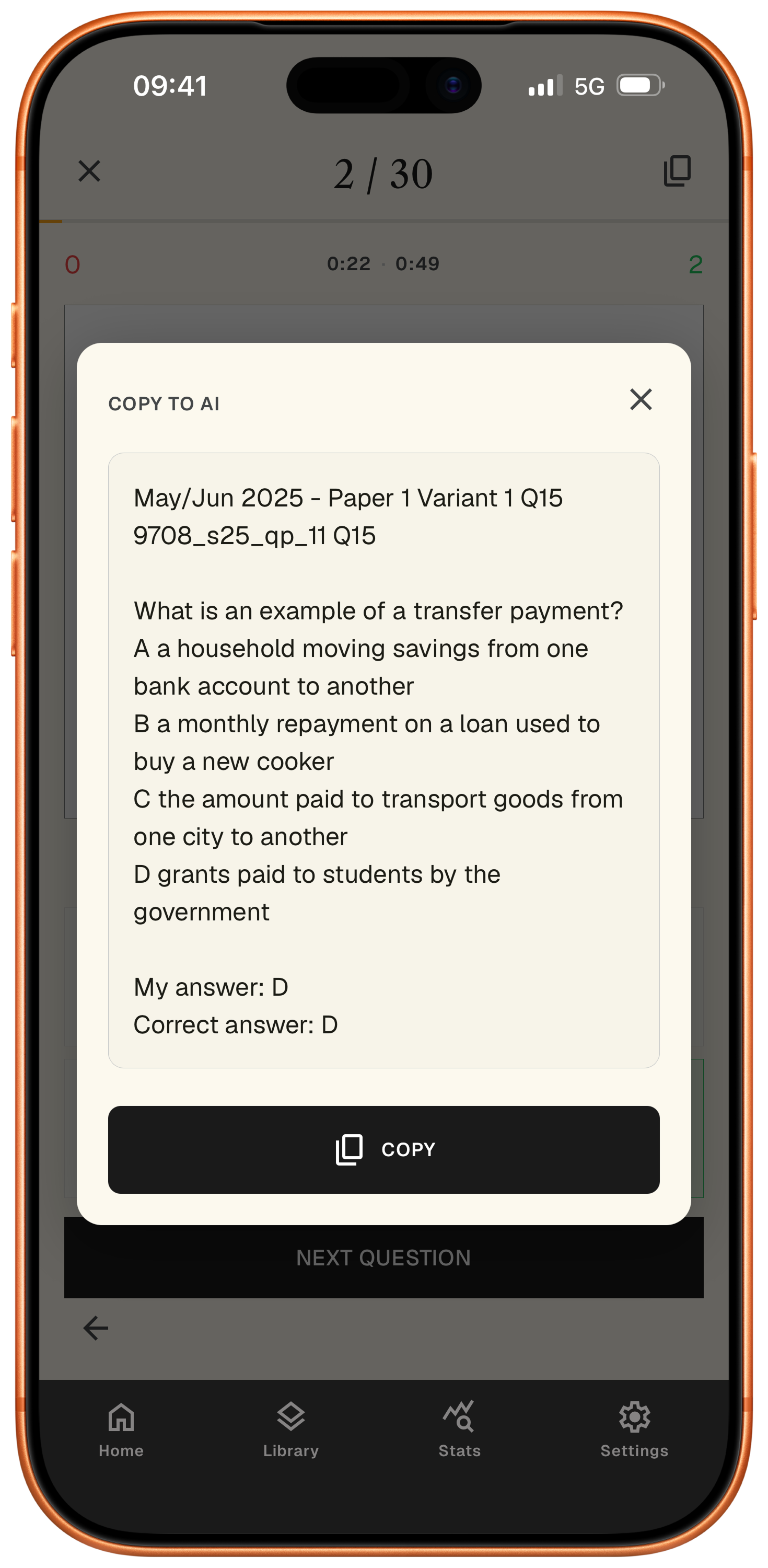 Screenshot: copy-to-AI modal showing question context with copy button